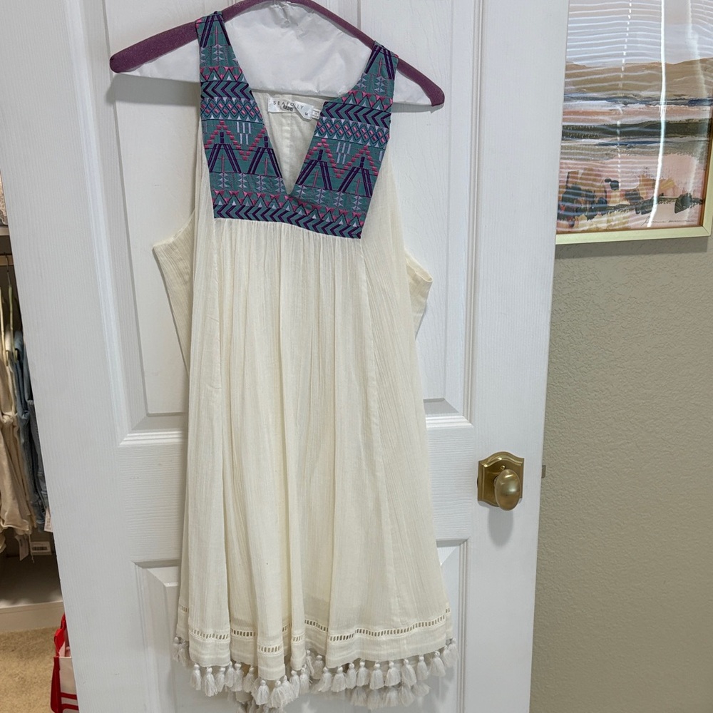 Seafolly Cream Mini Dress with Blue Patterned Neckline